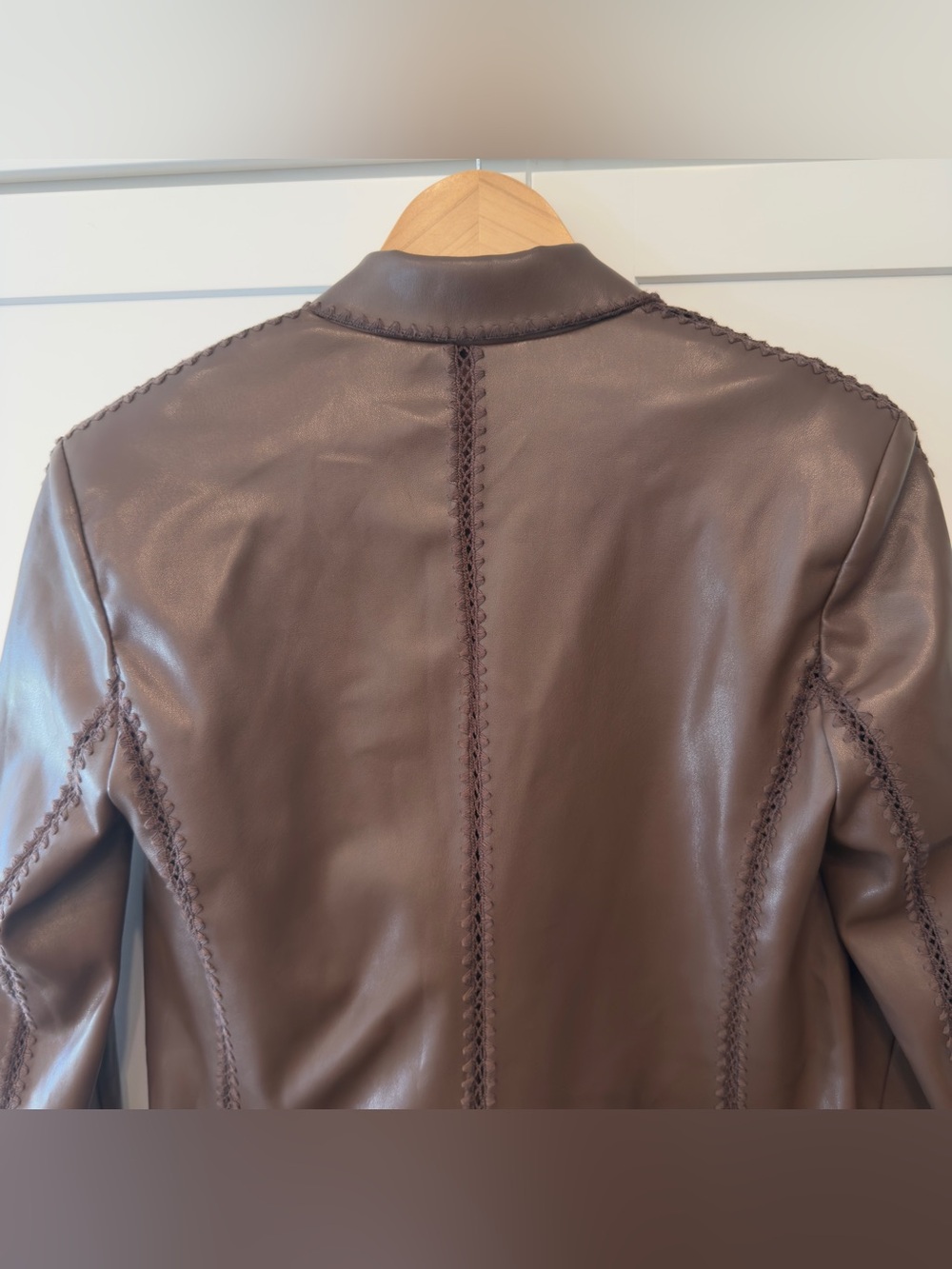 NWT Anthropologie Faux Leather Crochet Stitch Blazer Brown XXS - Picture 15 of 16